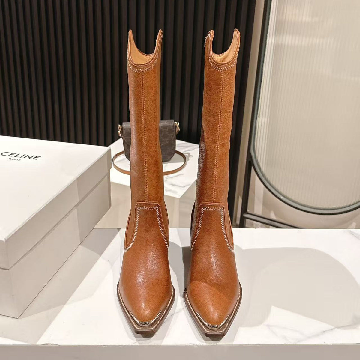 CELINE 25S HIGH BOOTS FOR FALL AND WINTER 45MM IN BURNT ORANGE CALFSKIN