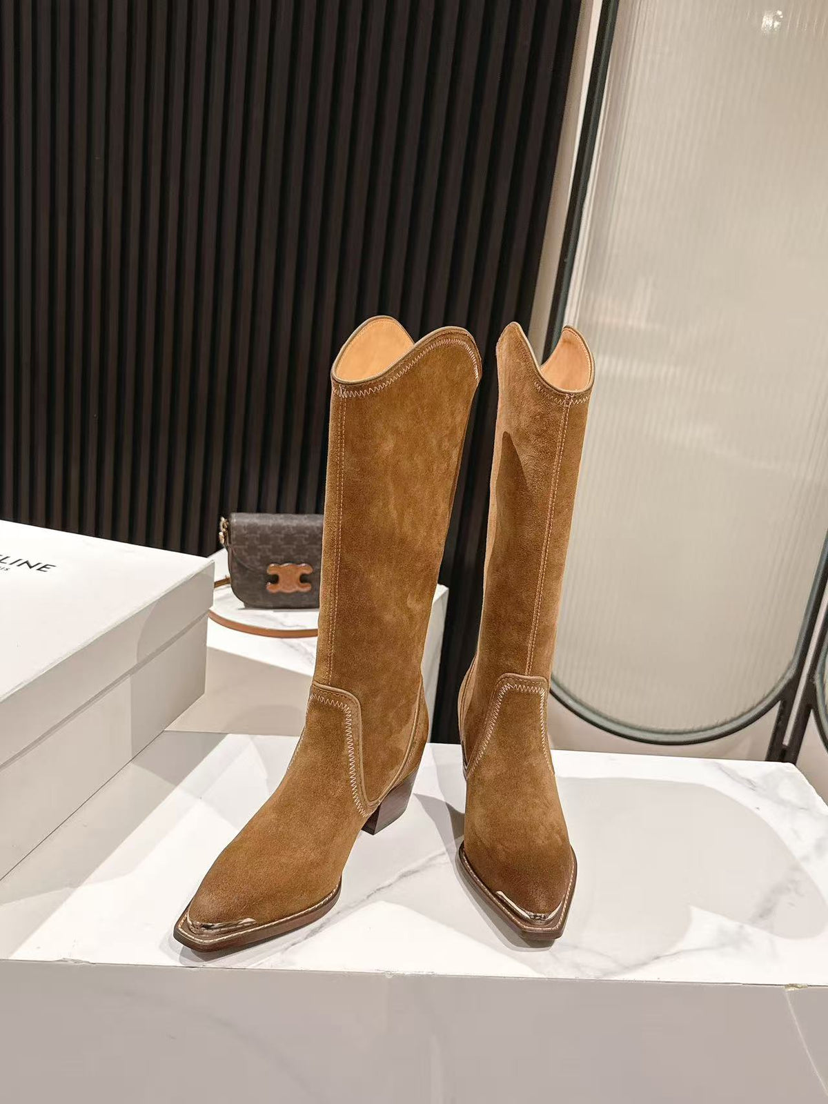 CELINE 25S HIGH BOOTS FOR FALL AND WINTER 45MM IN BROWN SUEDE