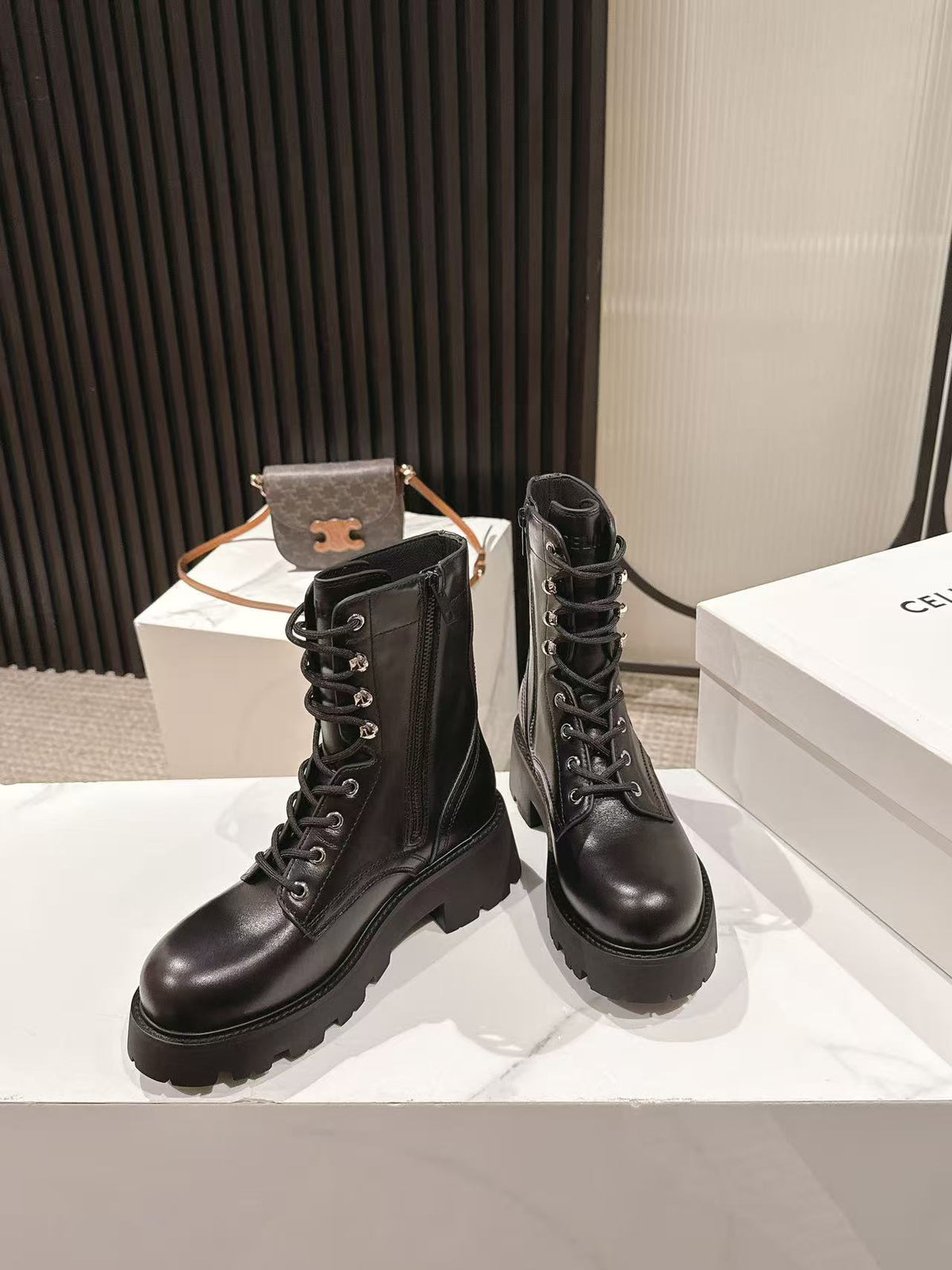 CELINE 25S HIGH HEELED LACE UP BOOTS 50MM IN BLACK CALFSKIN