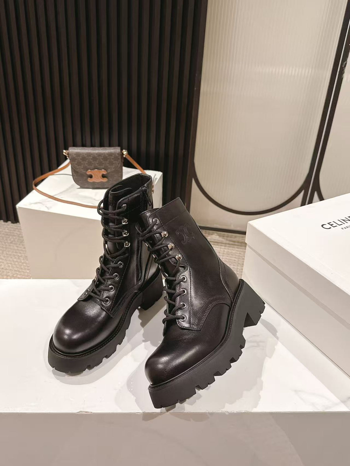 CELINE 25S HIGH HEELED LACE UP BOOTS 50MM IN BLACK CALFSKIN