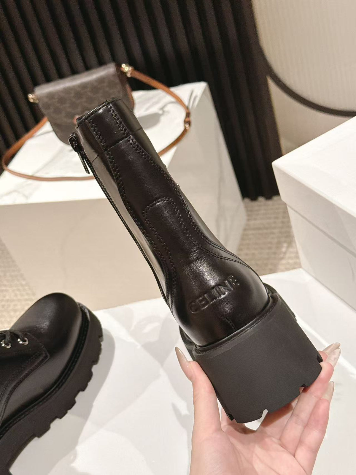 CELINE 25S HIGH HEELED LACE UP BOOTS 50MM IN BLACK CALFSKIN