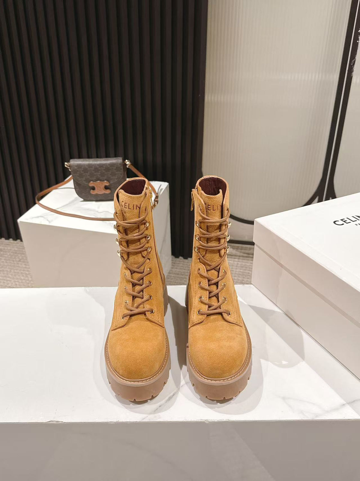 CELINE 25S HIGH HEELED LACE UP BOOTS 50MM IN DARK ORANGE SUEDE