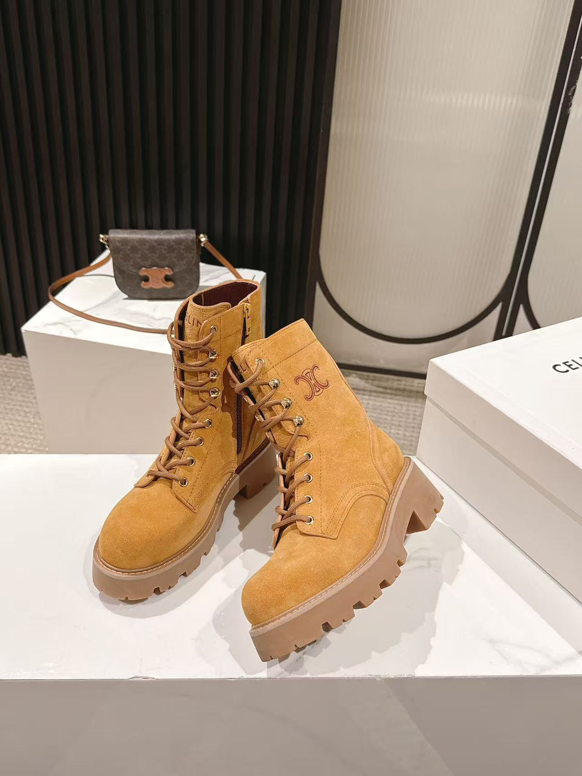 CELINE 25S HIGH HEELED LACE UP BOOTS 50MM IN DARK ORANGE SUEDE