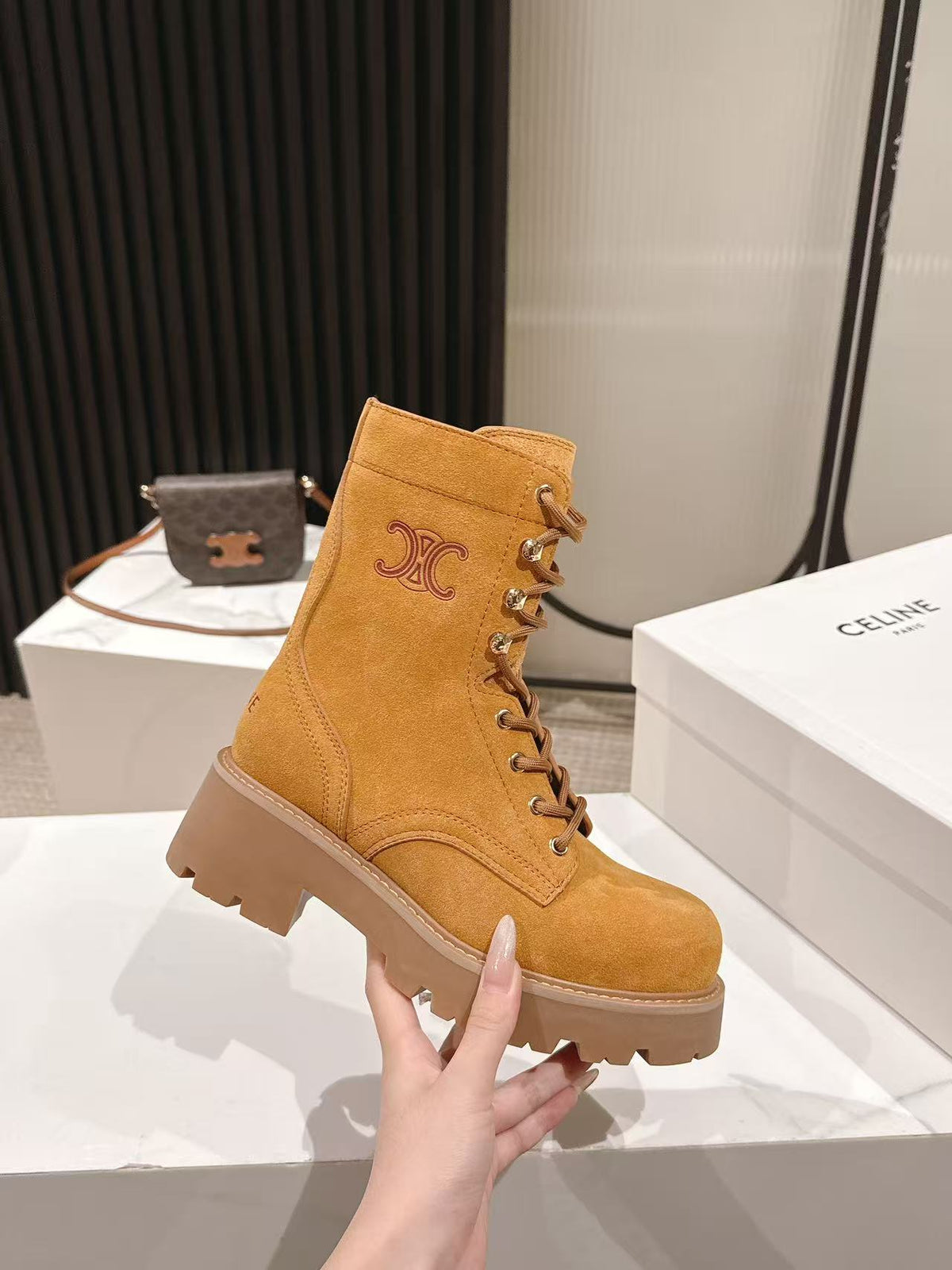 CELINE 25S HIGH HEELED LACE UP BOOTS 50MM IN DARK ORANGE SUEDE