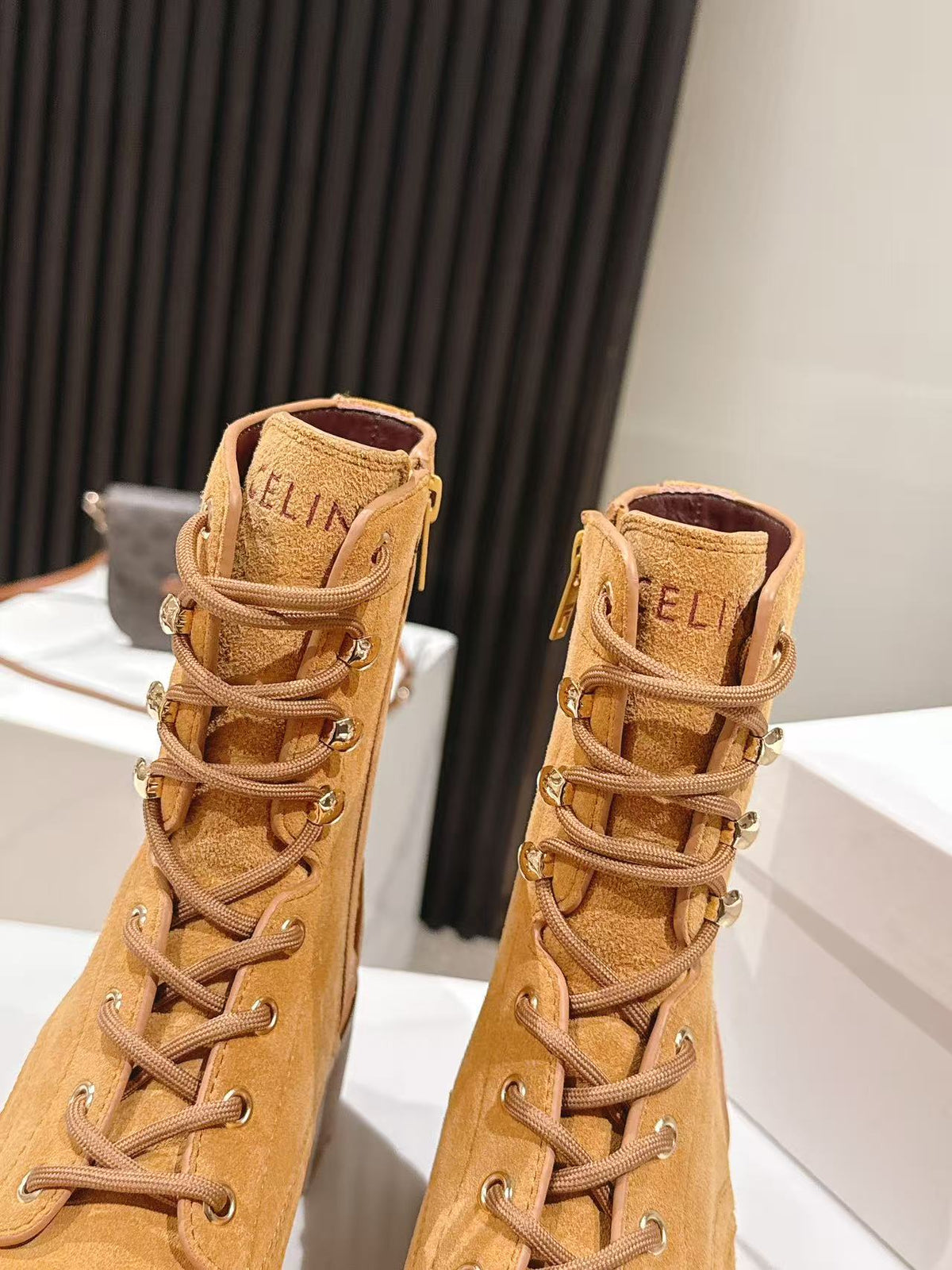 CELINE 25S HIGH HEELED LACE UP BOOTS 50MM IN DARK ORANGE SUEDE