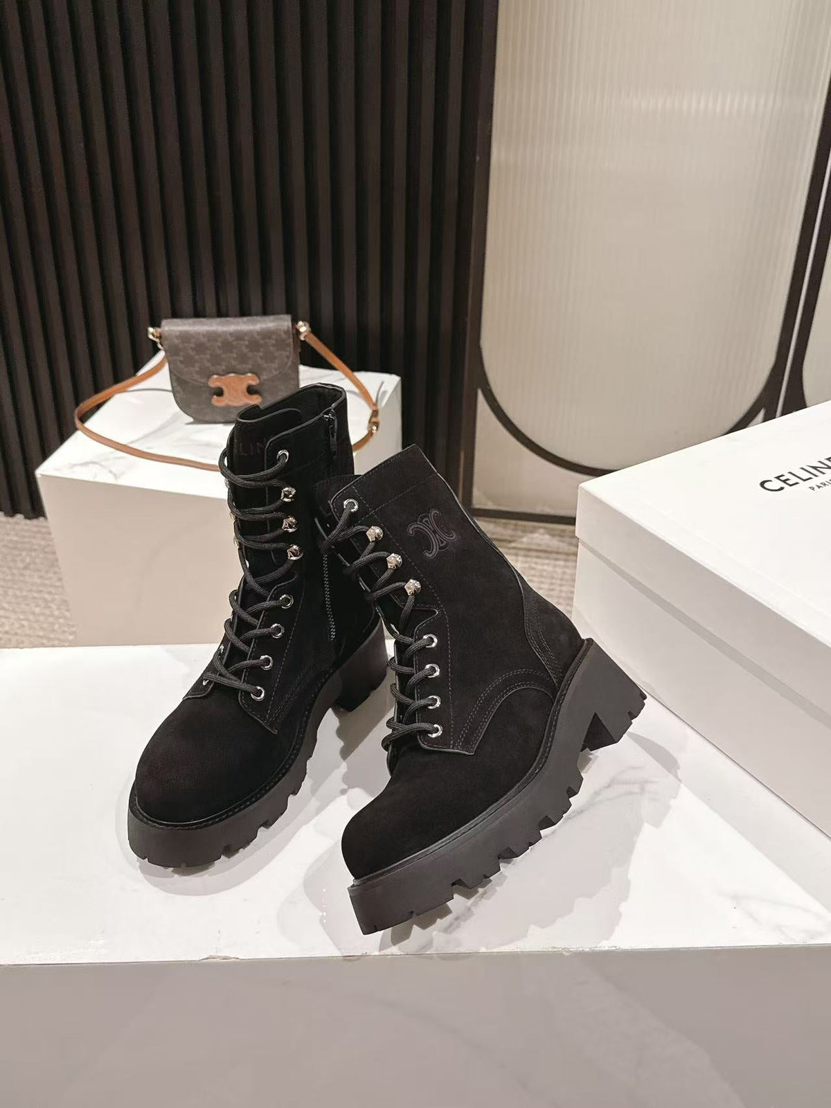 CELINE 25S HIGH HEELED LACE UP BOOTS 50MM IN BLACK SUEDE