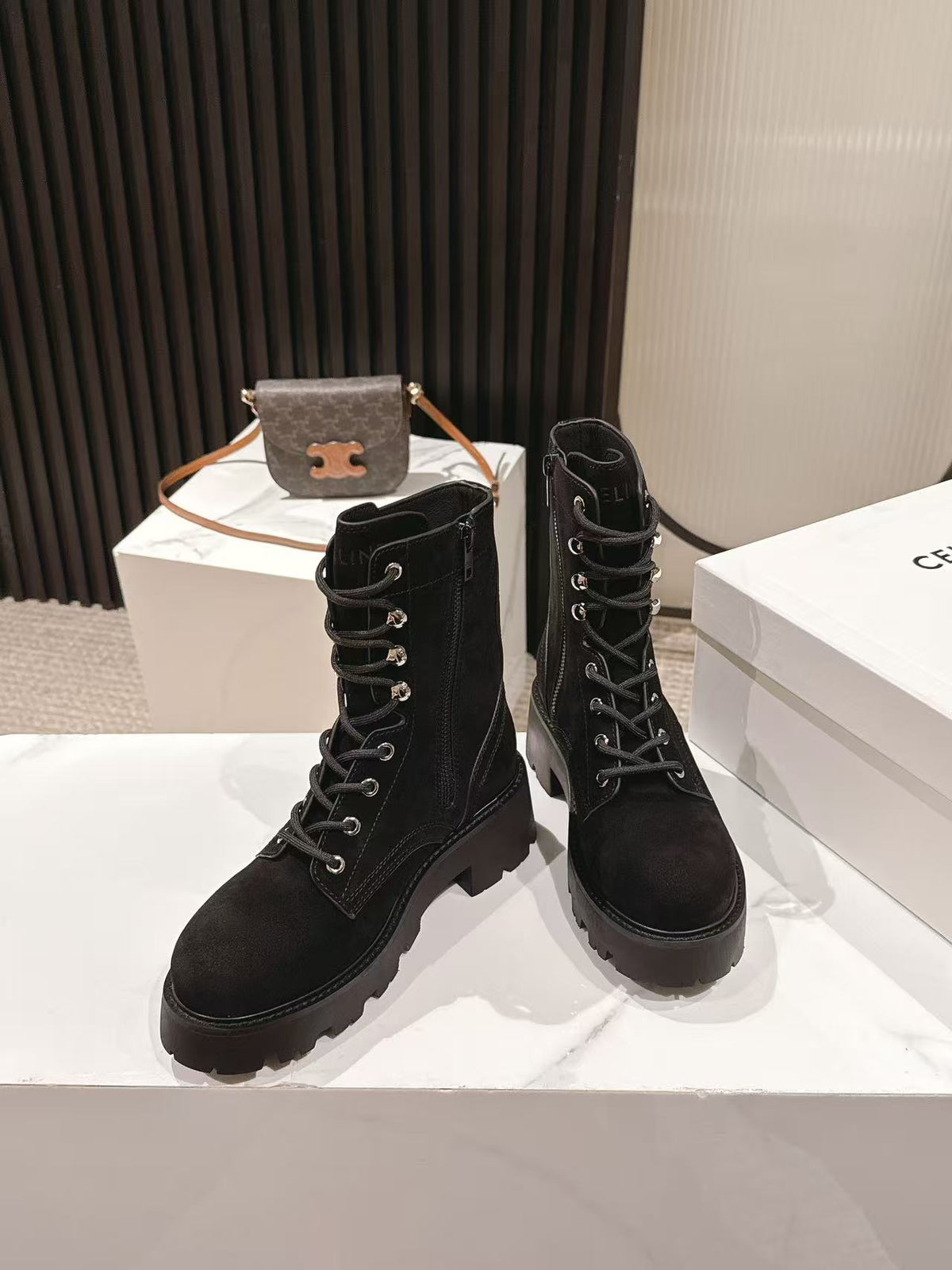 CELINE 25S HIGH HEELED LACE UP BOOTS 50MM IN BLACK SUEDE