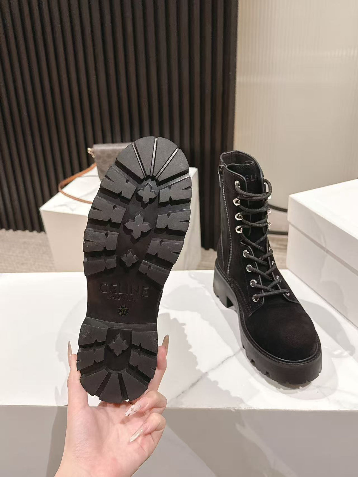 CELINE 25S HIGH HEELED LACE UP BOOTS 50MM IN BLACK SUEDE