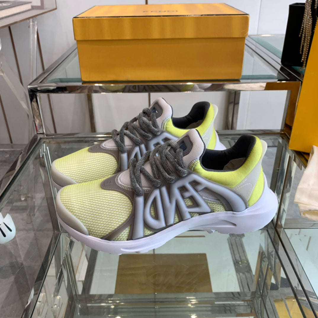 FENDI TAG SNEAKER IN NEON YELLOW MIX GREY MESH AND RUBBER
