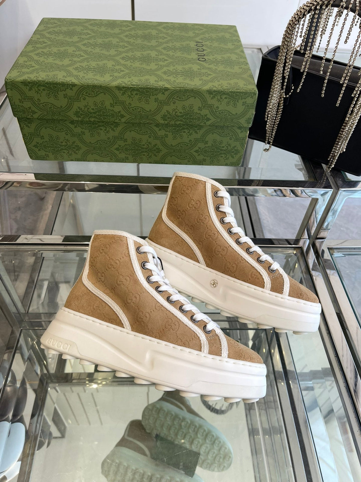 GG HIGH TOP SNEAKER IN CAMEL BROWN CANVAS WITH BEIGE FLEECE LINING