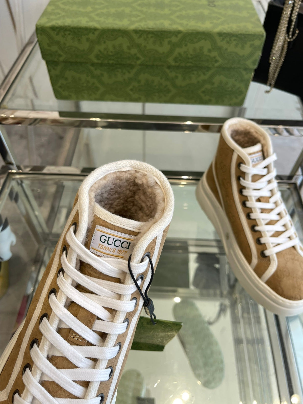 GG HIGH TOP SNEAKER IN CAMEL BROWN CANVAS WITH BEIGE FLEECE LINING