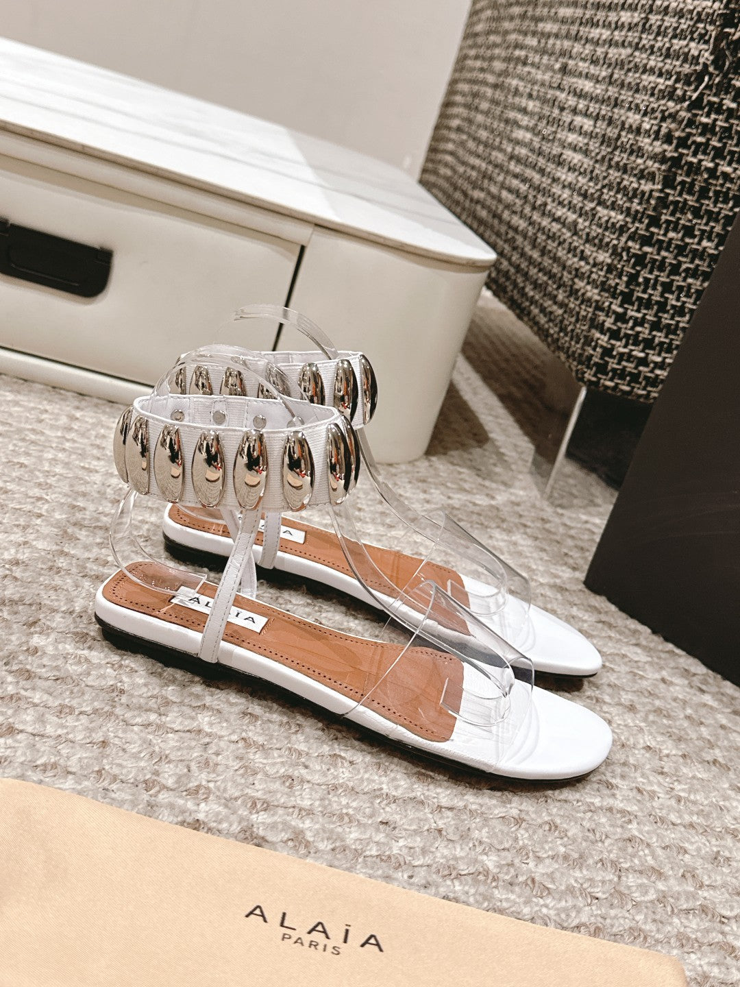 ALAIA SANDAL IN WHITE CALFSKN AND FILM WITH CRYSTAL