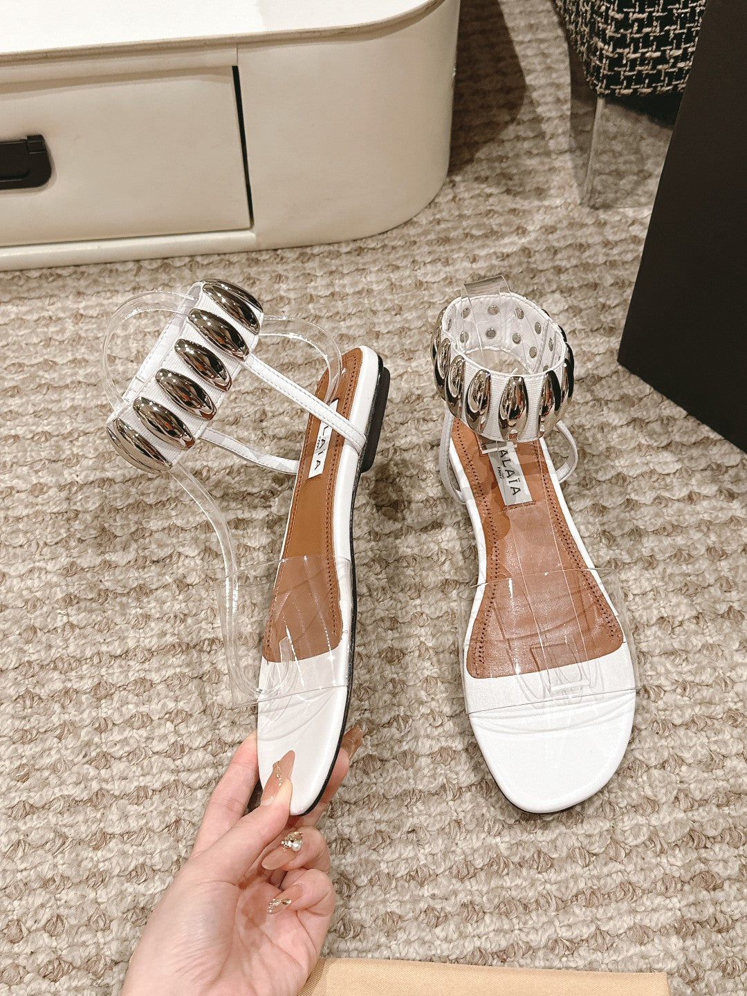 ALAIA SANDAL IN WHITE CALFSKN AND FILM WITH CRYSTAL