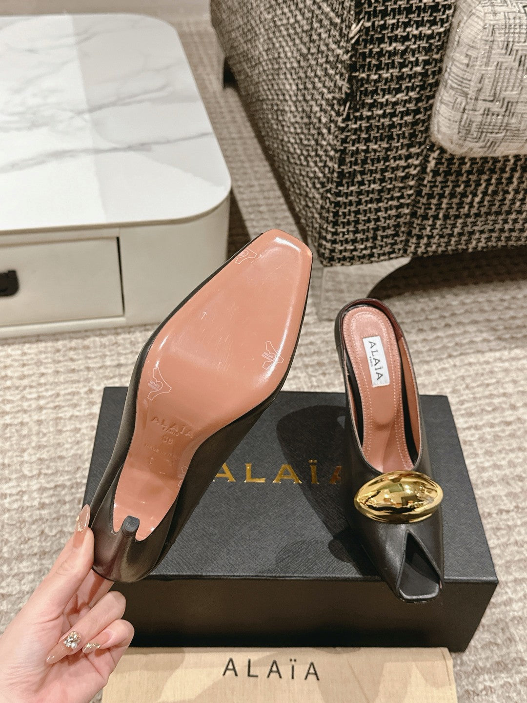 ALAIA SPIKE JEWEL MULES IN BLACK CALFSKIN WITH GOLD HARDWARE