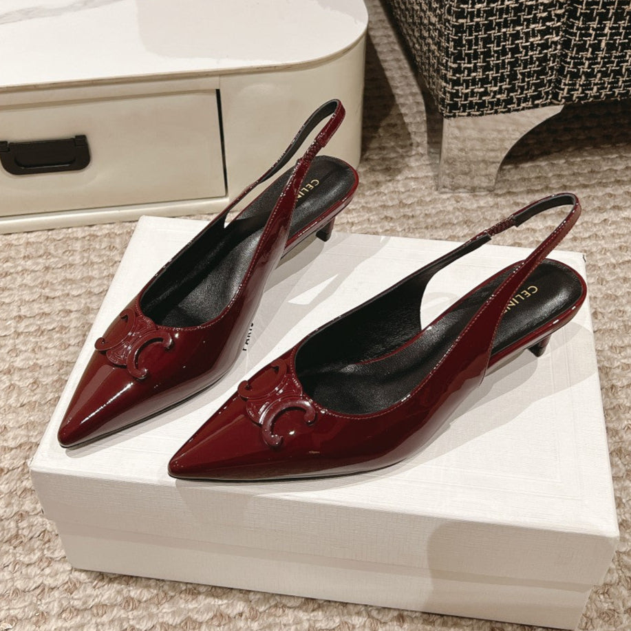 HIGH SLINGBACKS 5 CM IN RUBY RED PATENT CALFSKIN