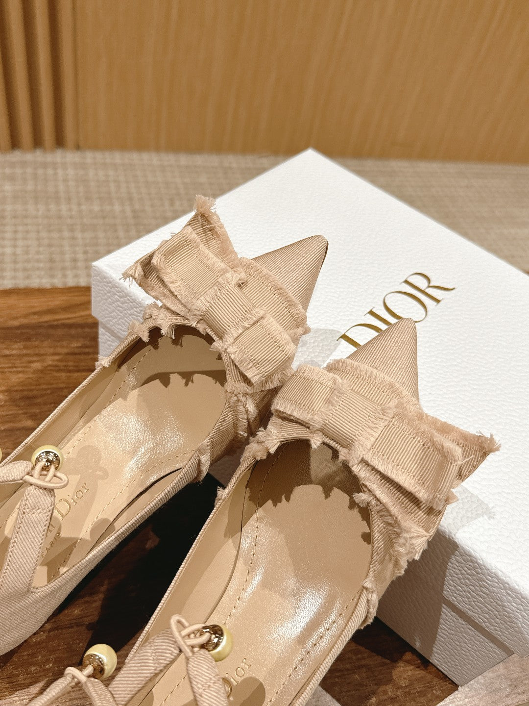 DIOR ADIORABLE HIGH HEEL 25S IN LIGHT BEIGE FABRIC WITH PEARL DETAILING