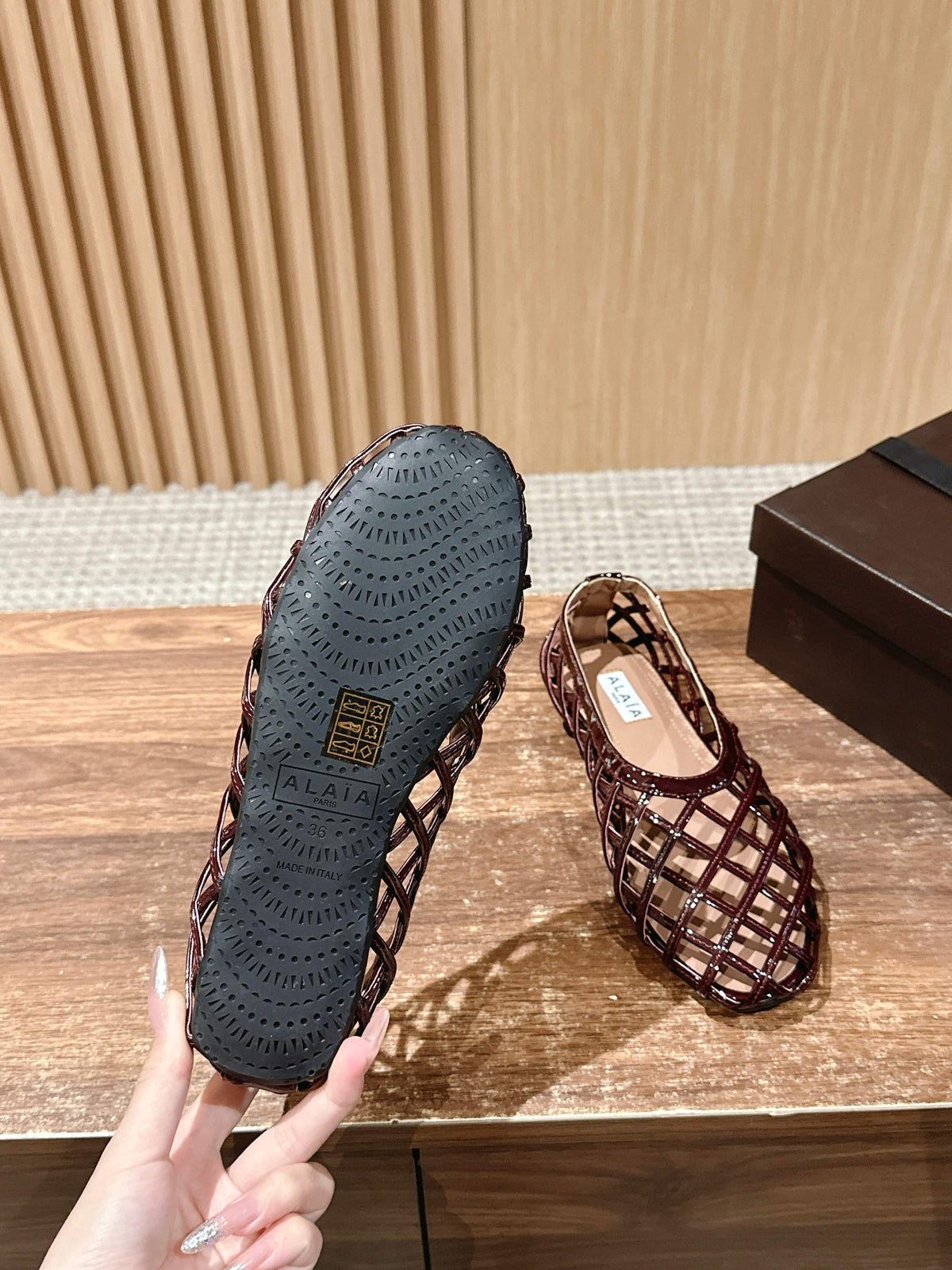 ALAIA MESH BALLET FLATS 25S IN DARK RED LAMBSKIN