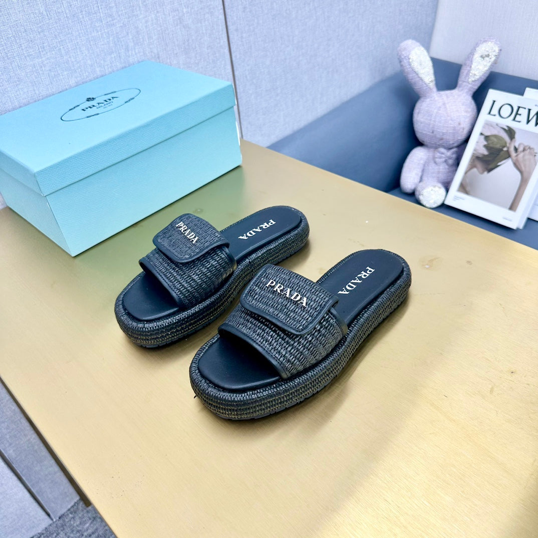 PRA CROCHET SLIDES SLIPPERS BLACK RAFFIA