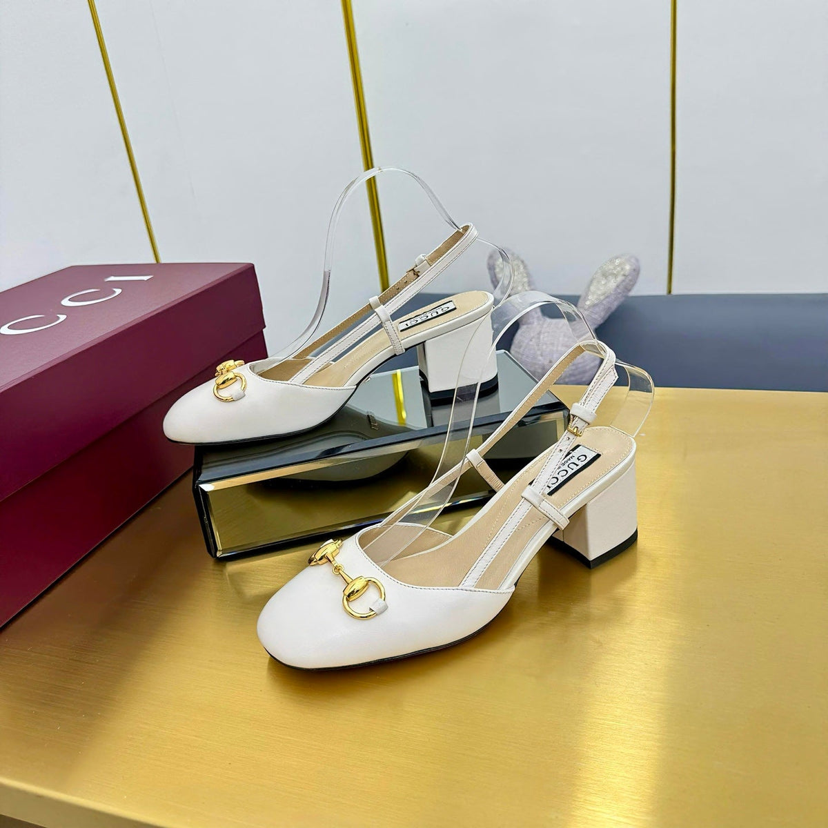 GG HIGH SLINGBACK 65 IN WHITE LAMBSKIN WITH GOLD HARDWARE