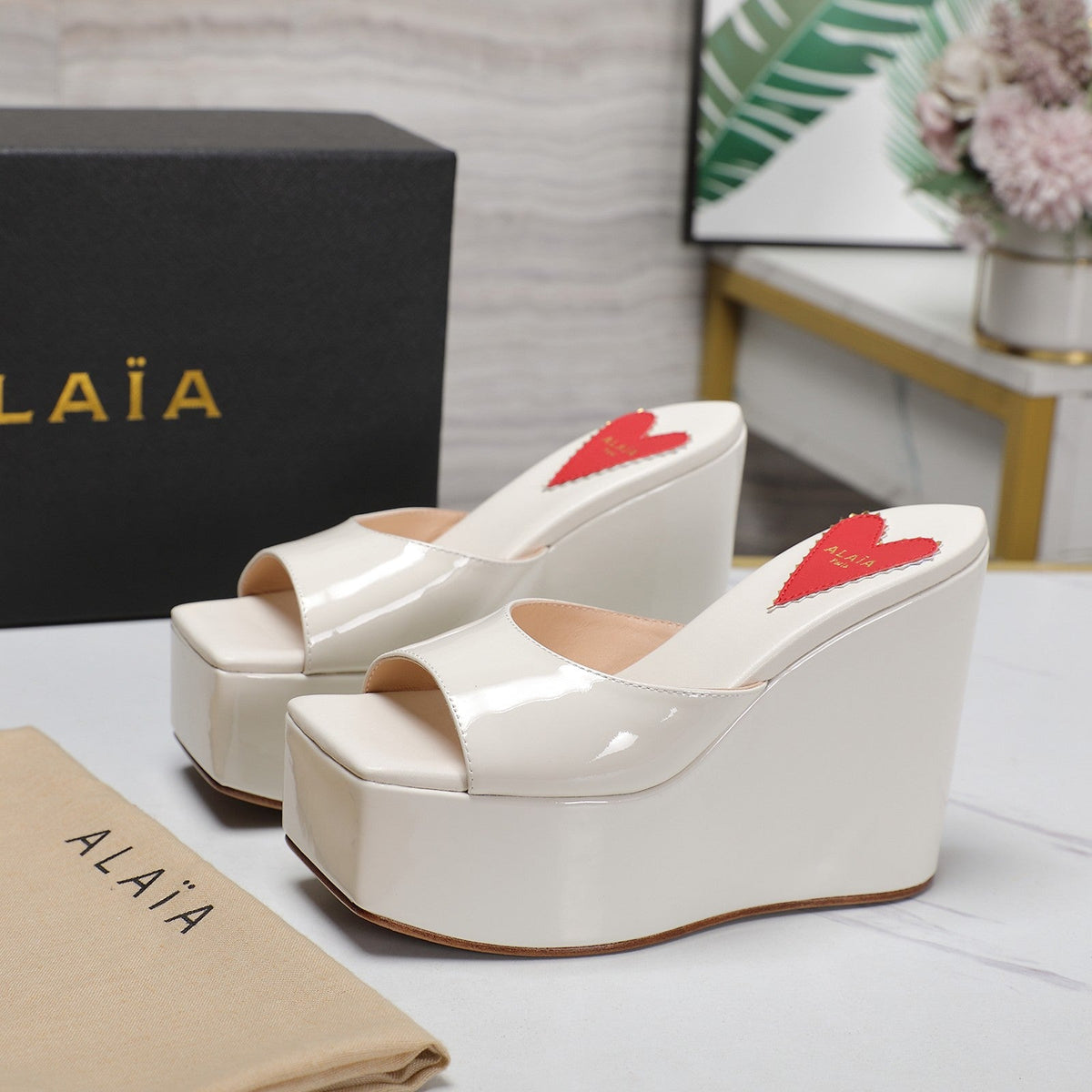 ALAIA PLATFORM WEDGE IN WHITE TAN LAMBSKIN WITH RED HEART