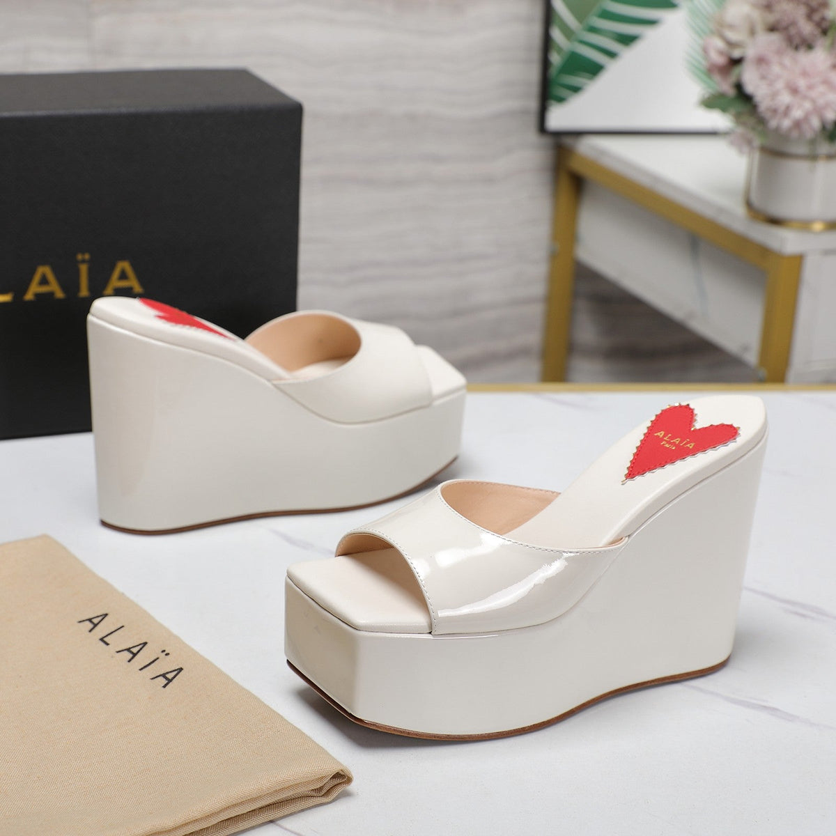 ALAIA PLATFORM WEDGE IN WHITE TAN LAMBSKIN WITH RED HEART
