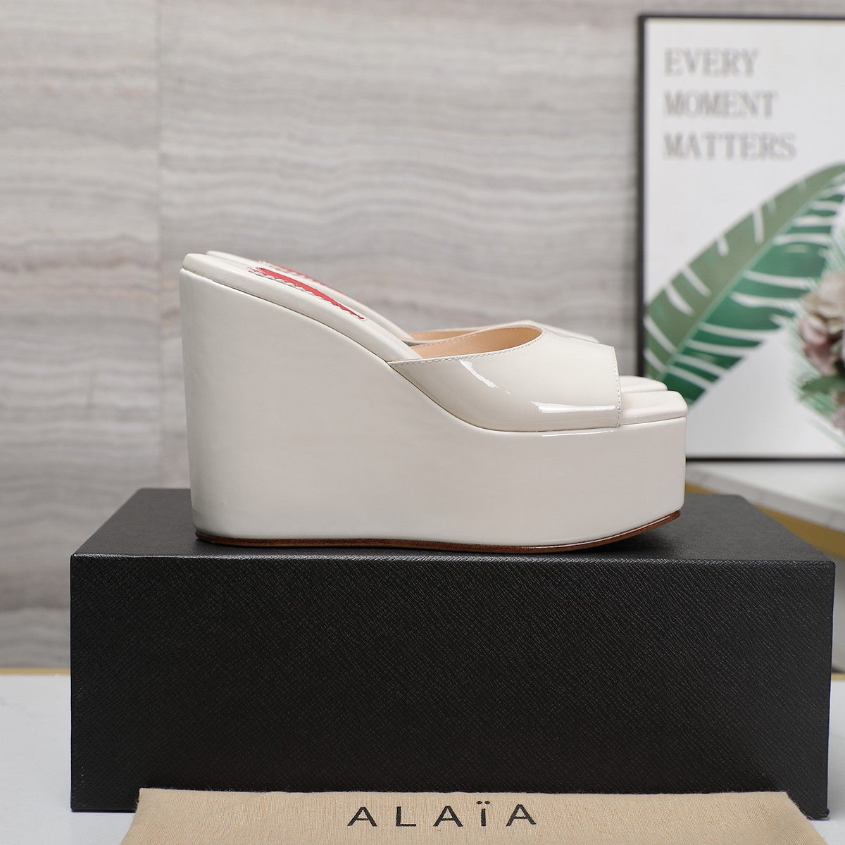 ALAIA PLATFORM WEDGE IN WHITE TAN LAMBSKIN WITH RED HEART