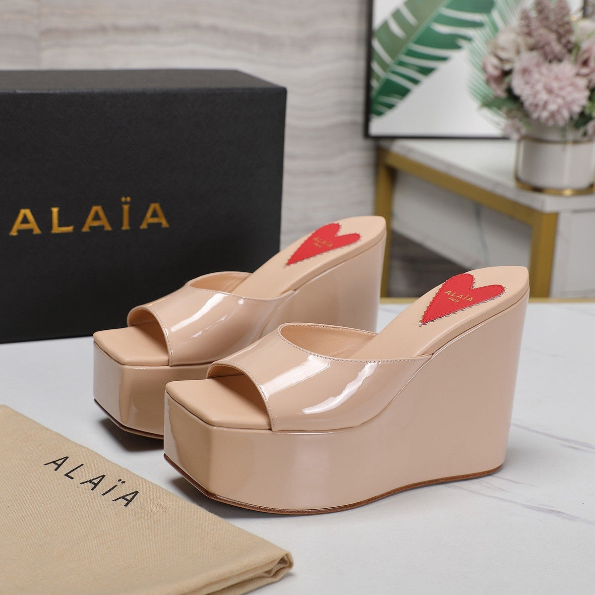 ALAIA PLATFORM WEDGE IN BEIGE TAN LAMBSKIN WITH RED HEART