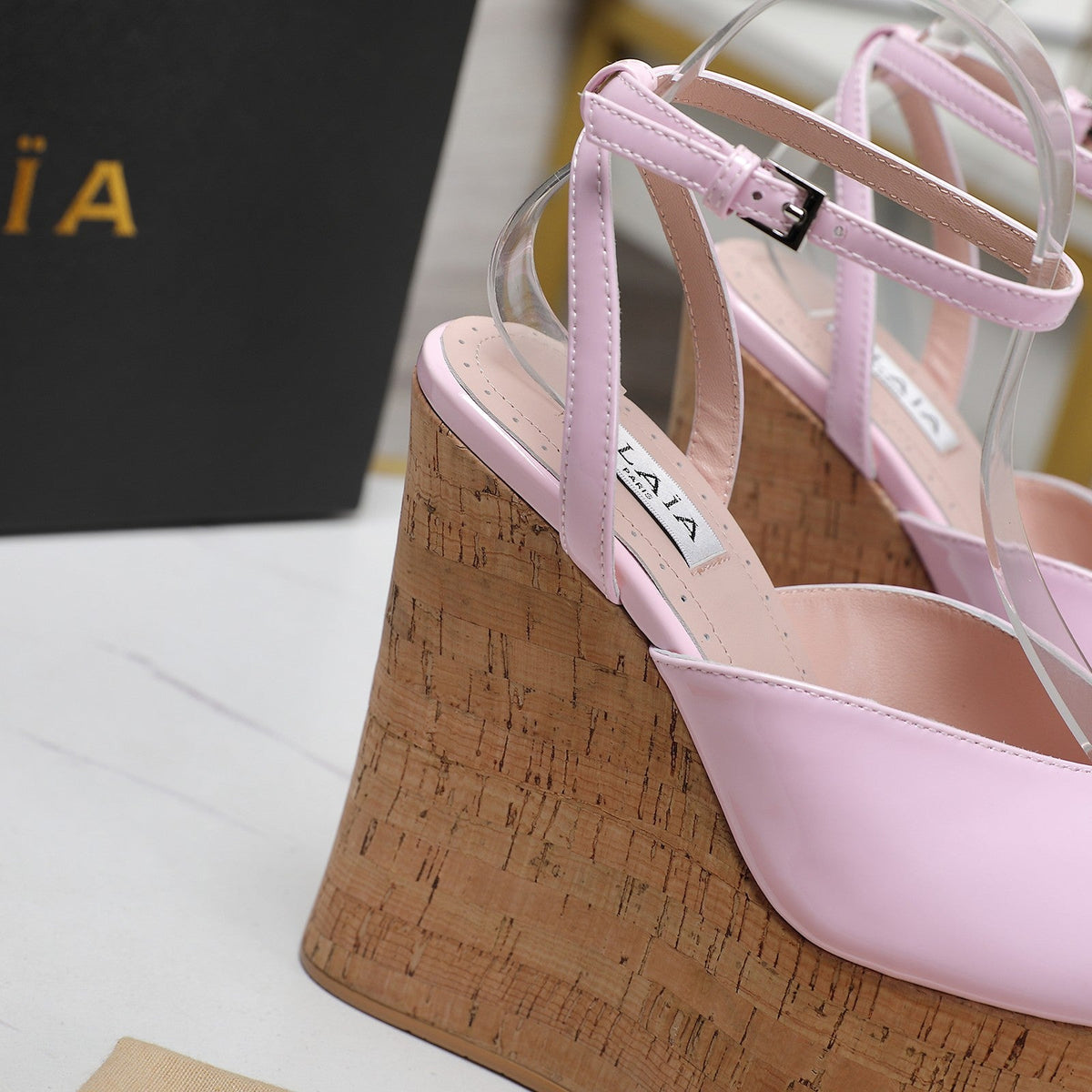 ALAIA WEDGE SANDAL IN ROSE PINK GLOSSY CALFSKIN AND BEIGE RUBBER