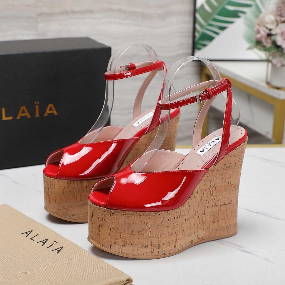 ALAIA WEDGE SANDAL IN CRIMSON RED GLOSSY CALFSKIN AND BEIGE RUBBER