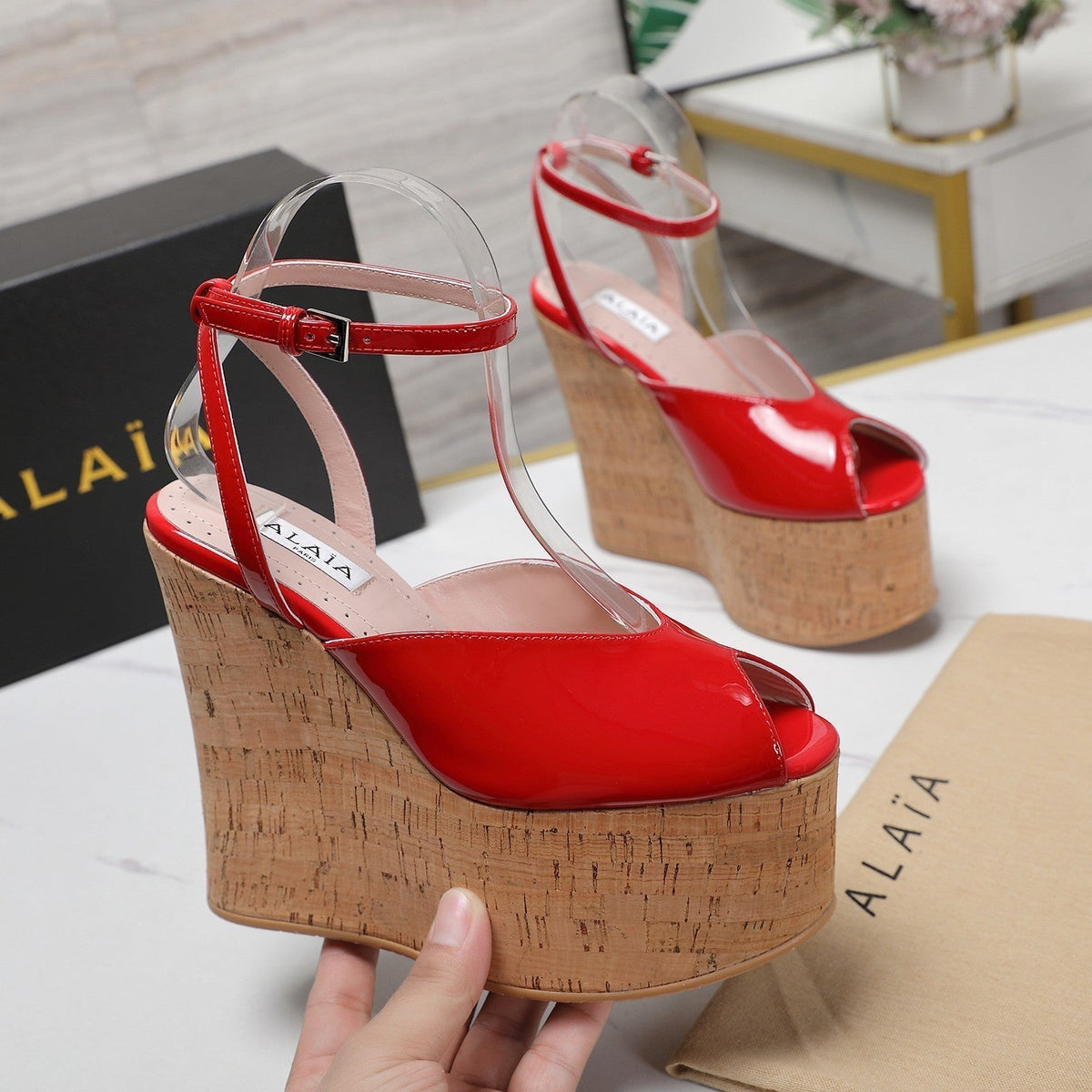 ALAIA WEDGE SANDAL IN CRIMSON RED GLOSSY CALFSKIN AND BEIGE RUBBER