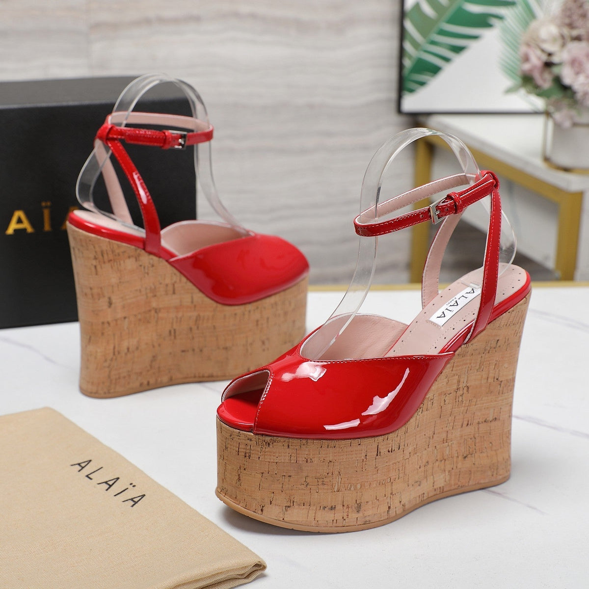 ALAIA WEDGE SANDAL IN CRIMSON RED GLOSSY CALFSKIN AND BEIGE RUBBER