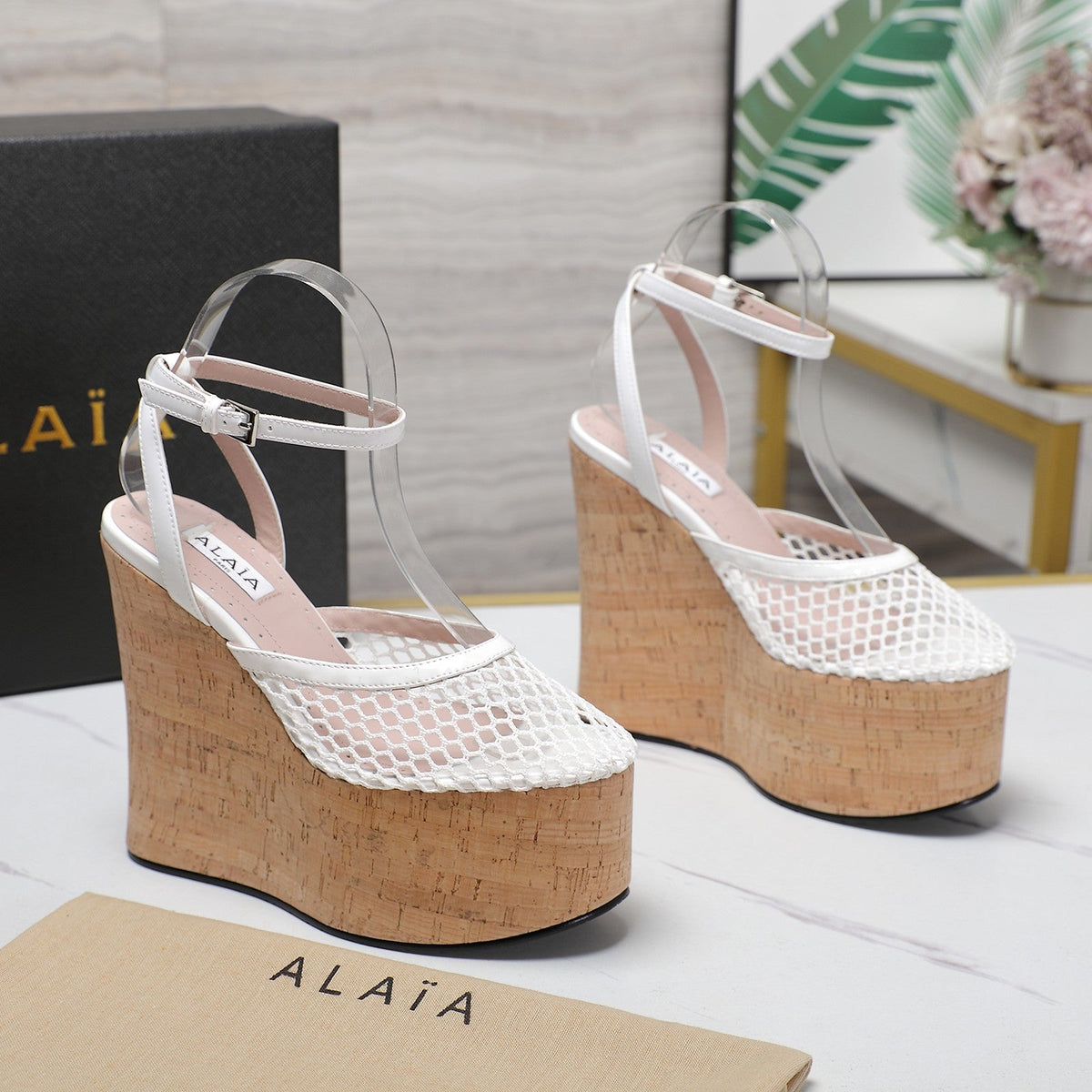 ALAIA WEDGE SANDAL IN WHITE MESH AND BEIGE RUBBER