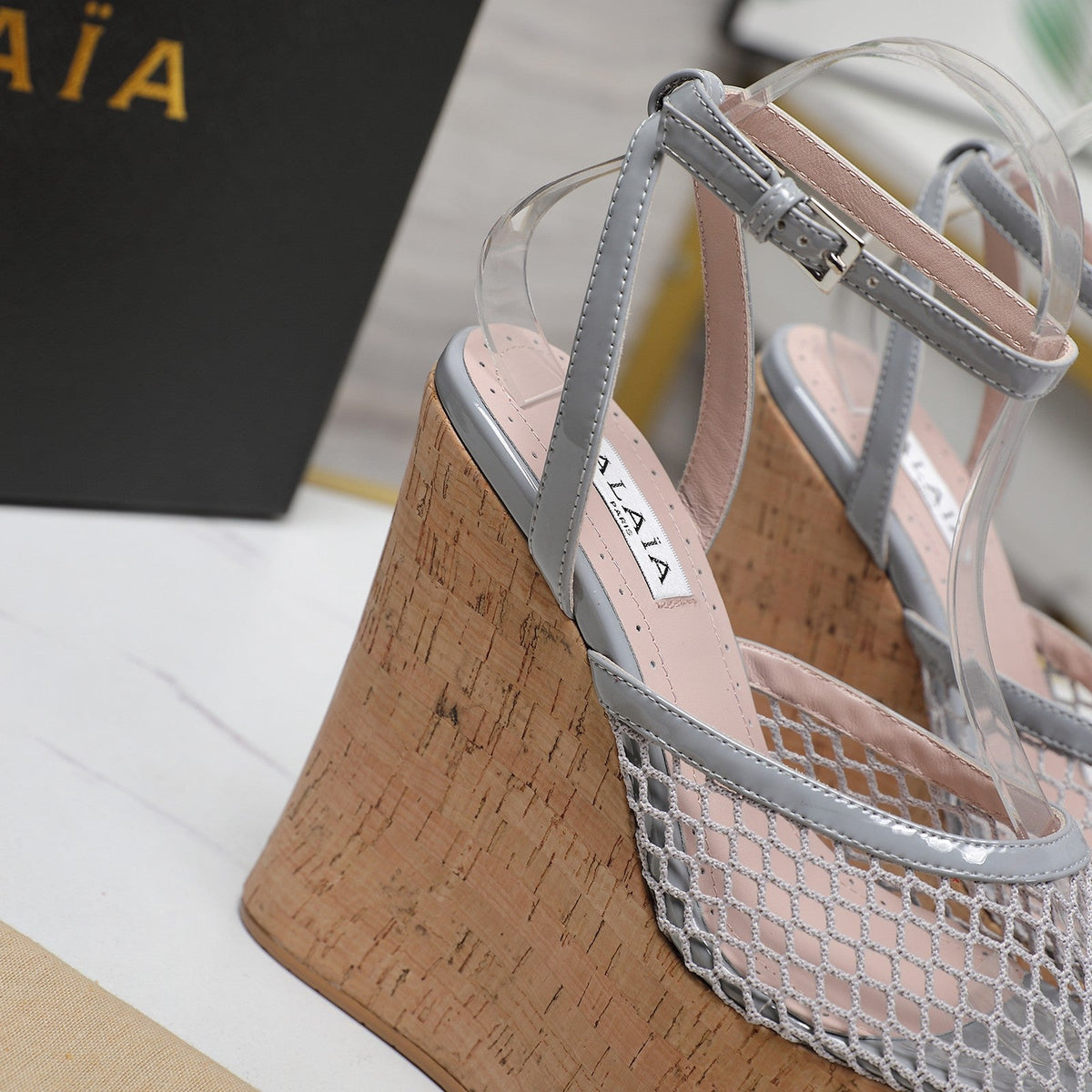 ALAIA WEDGE SANDAL IN LIGHT GREY MESH AND BEIGE RUBBER
