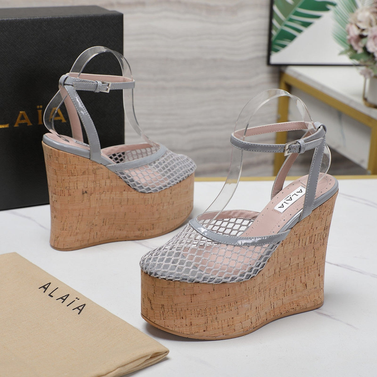 ALAIA WEDGE SANDAL IN LIGHT GREY MESH AND BEIGE RUBBER