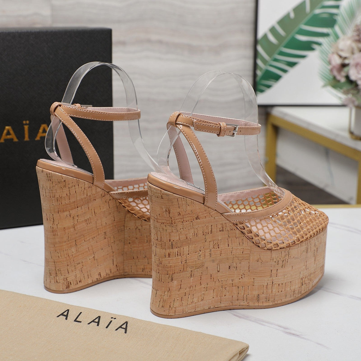 ALAIA WEDGE SANDAL IN FRENCH BEIGE MESH AND BEIGE RUBBER