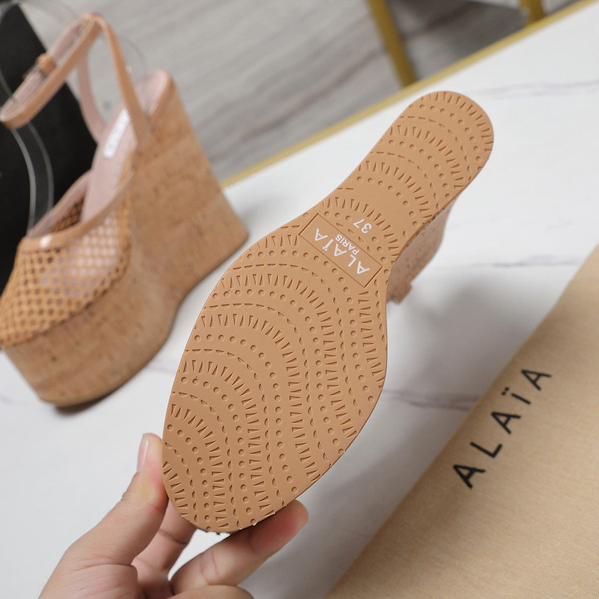 ALAIA WEDGE SANDAL IN FRENCH BEIGE MESH AND BEIGE RUBBER