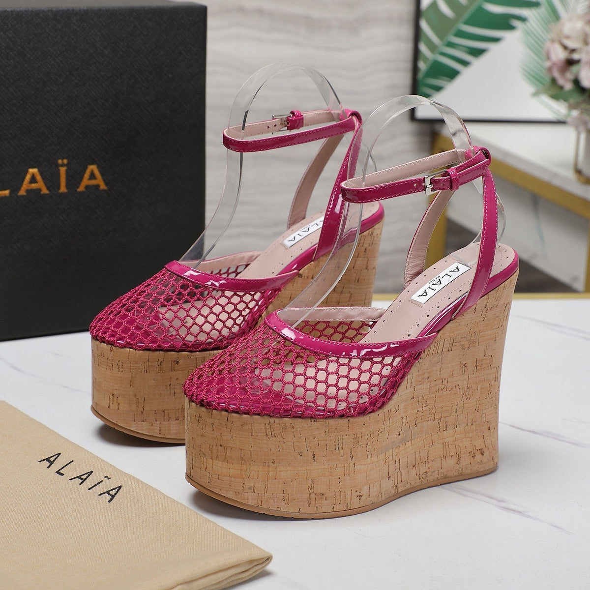 ALAIA WEDGE SANDAL IN BARBIE PINK MESH AND BEIGE RUBBER