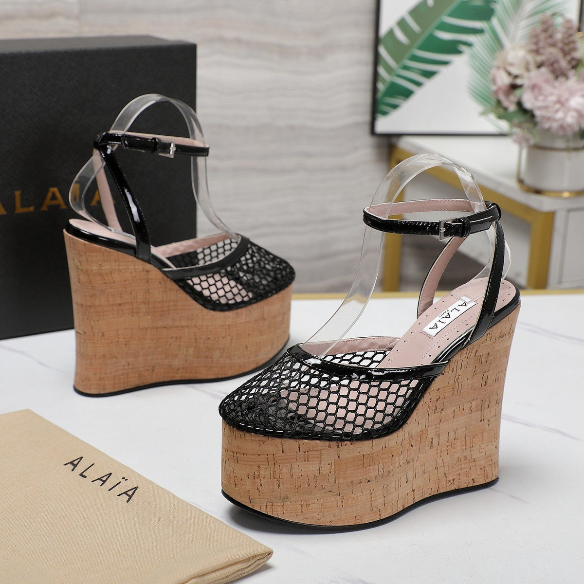 ALAIA WEDGE SANDAL IN BLACK MESH AND BEIGE RUBBER