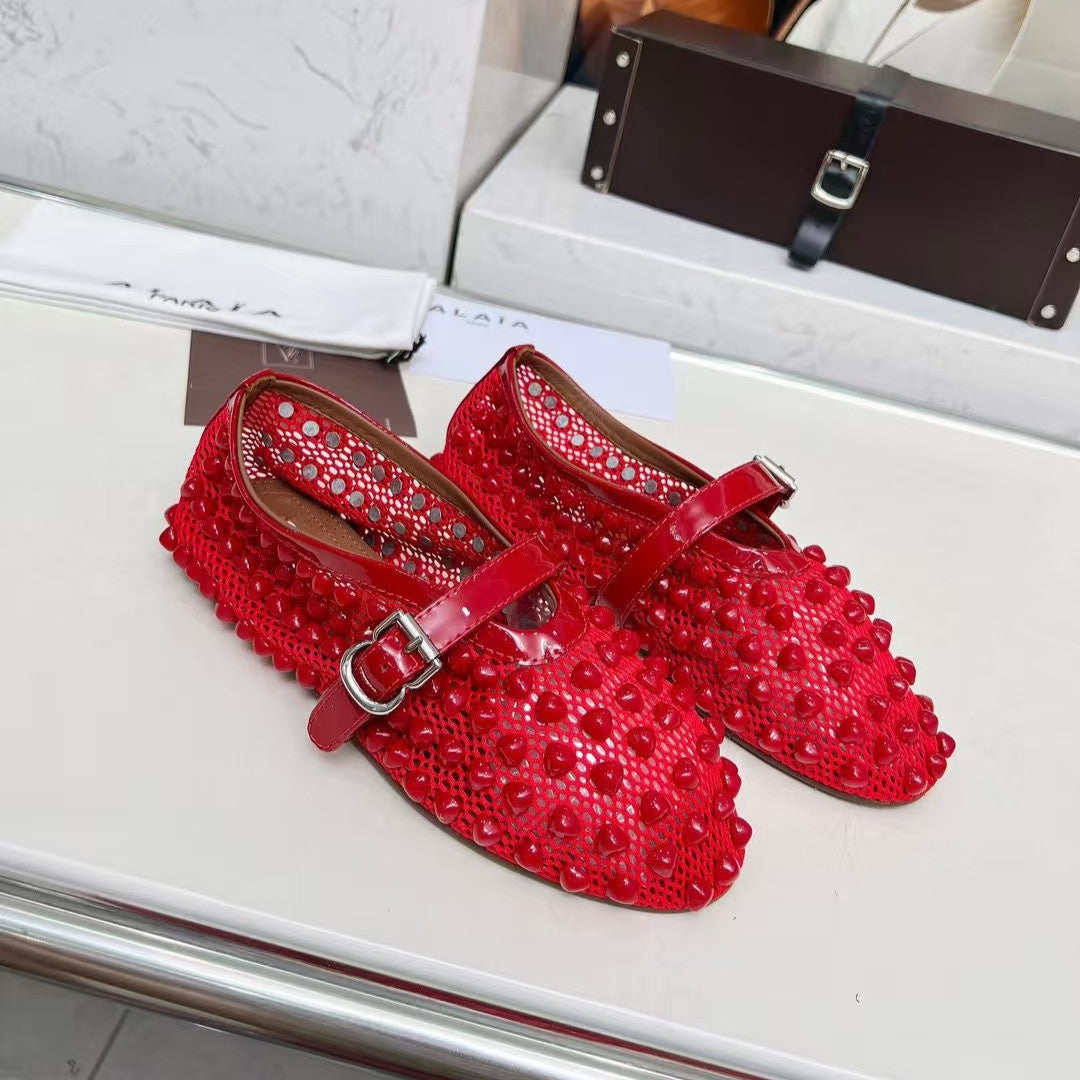 ALAIA MARY JANE SHOES IN CHERRY RED STUDDED FISHNET MESH AND CALFSKIN