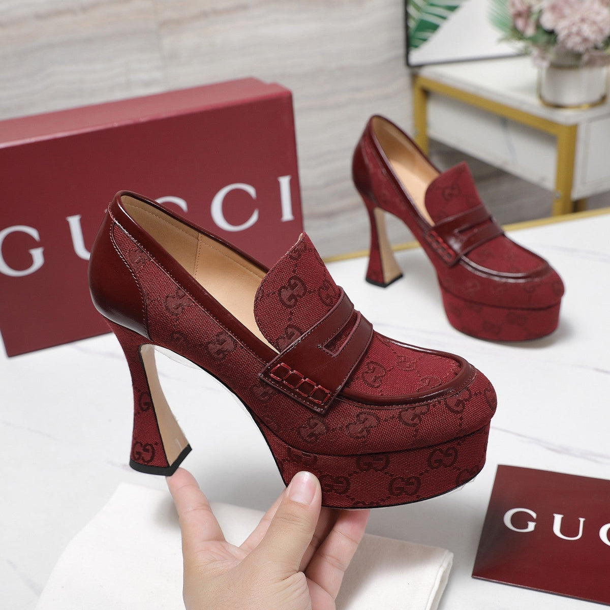GG CLASSIC HIGH HEELS 110 IN DARK RED WITH LOGO PRINT