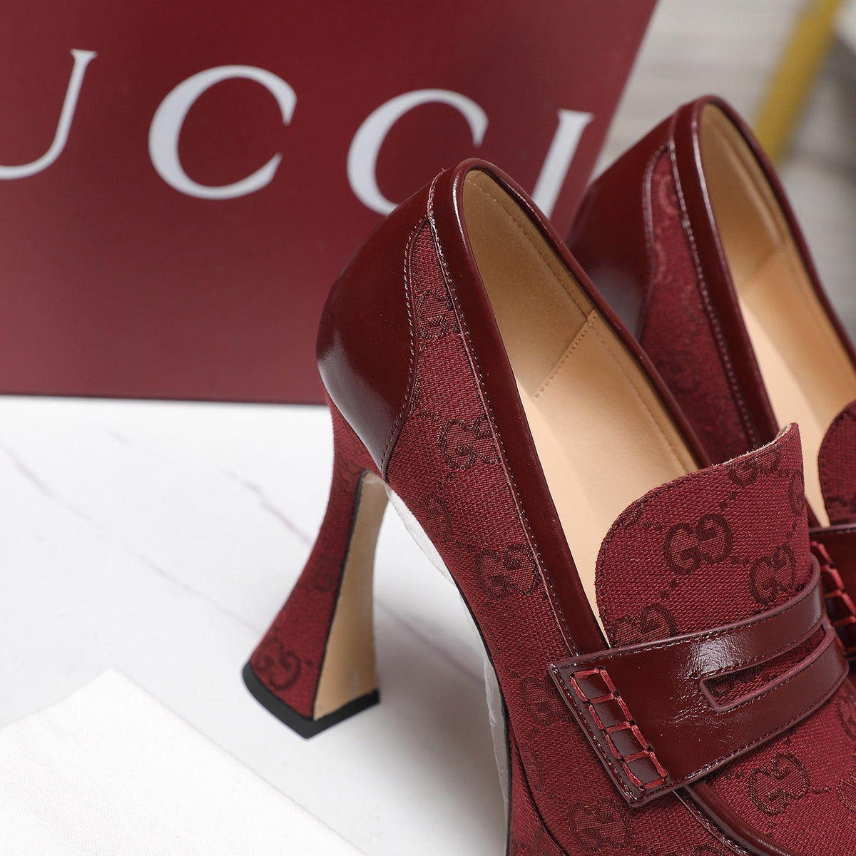 GG CLASSIC HIGH HEELS 110 IN DARK RED WITH LOGO PRINT