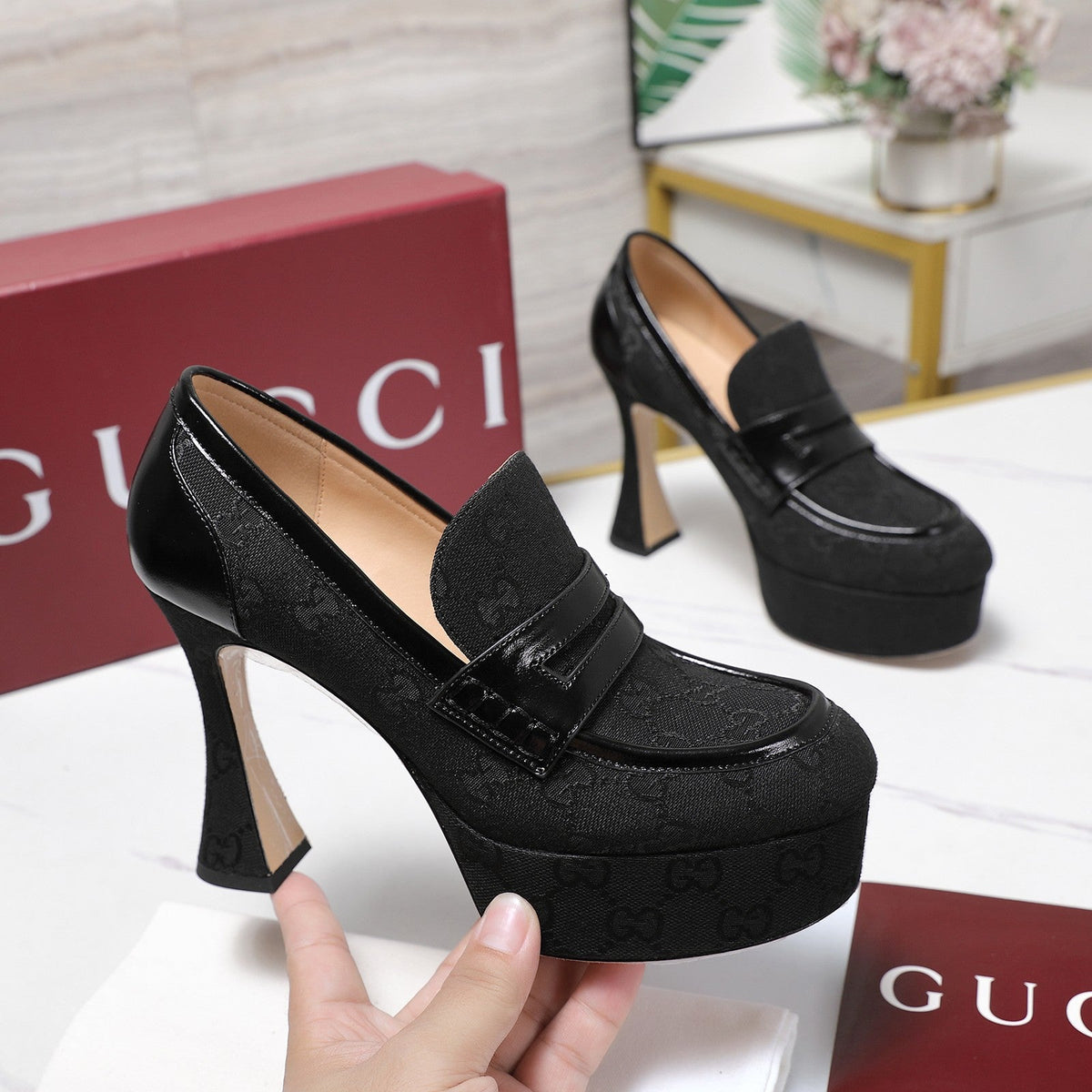 GG CLASSIC HIGH HEELS 110 IN BLACK WITH LOGO PRINT