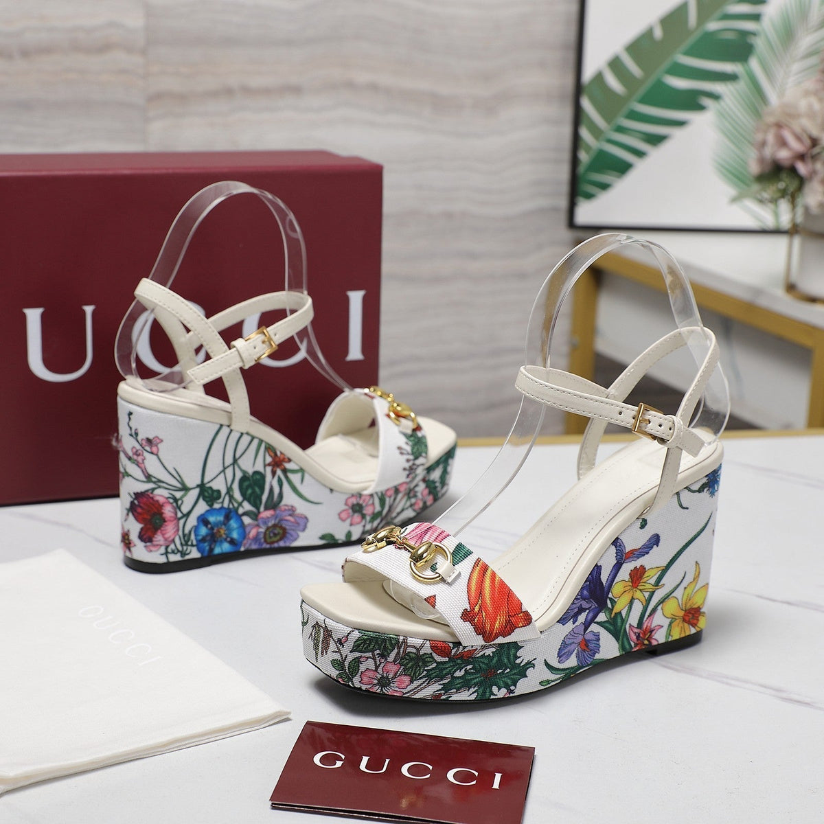 GG WEDGE HEEL SANDALS 100 IN WHITE FABRIC FLORAL PRINT