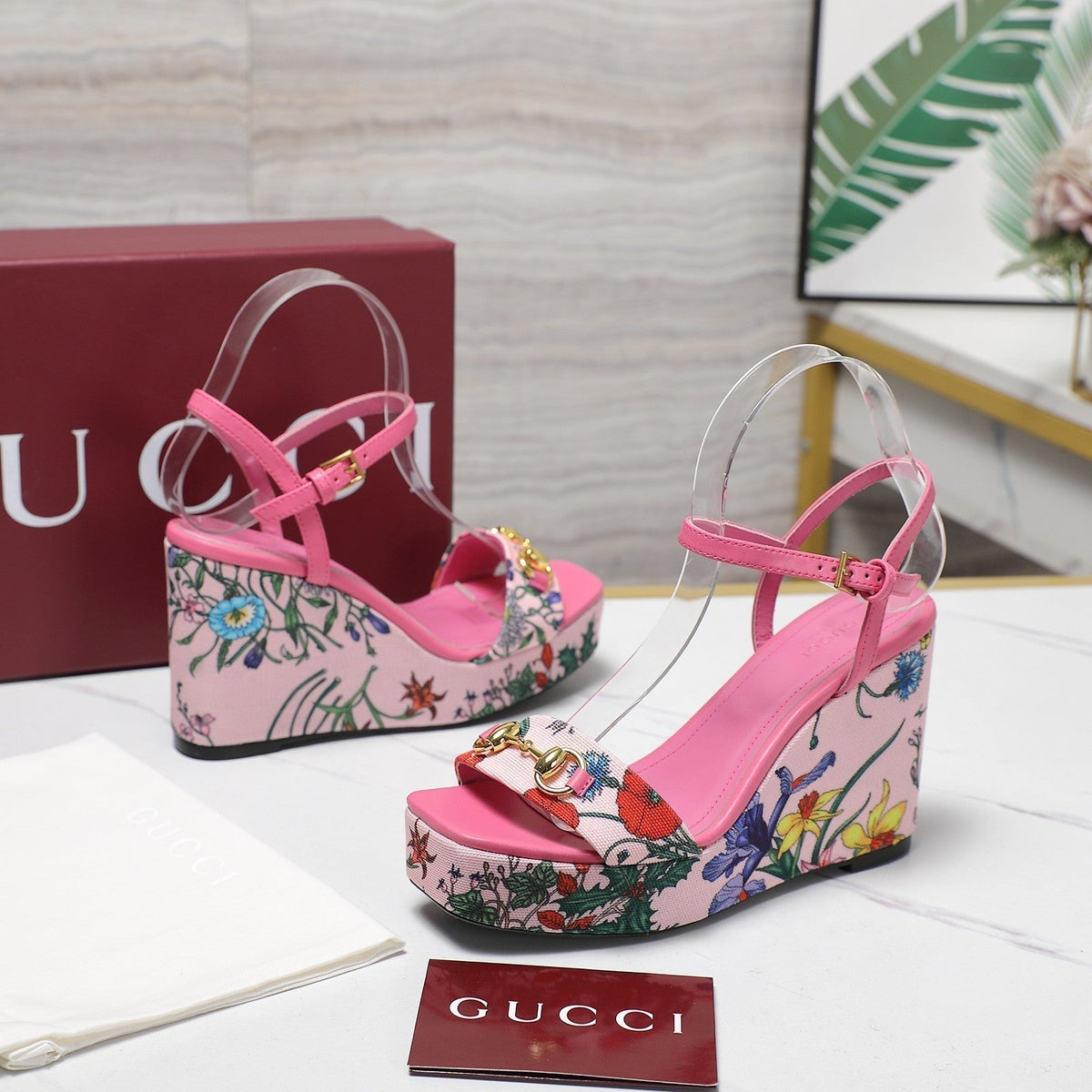 GG WEDGE HEEL SANDALS 100 IN PINK FABRIC FLORAL PRINT