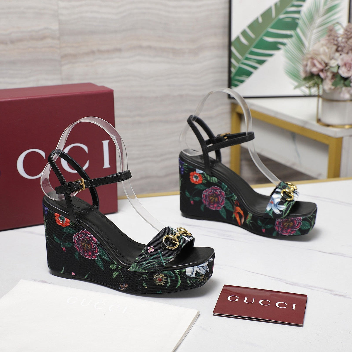 GG WEDGE HEEL SANDALS 100 IN BLACK FABRIC FLORAL PRINT