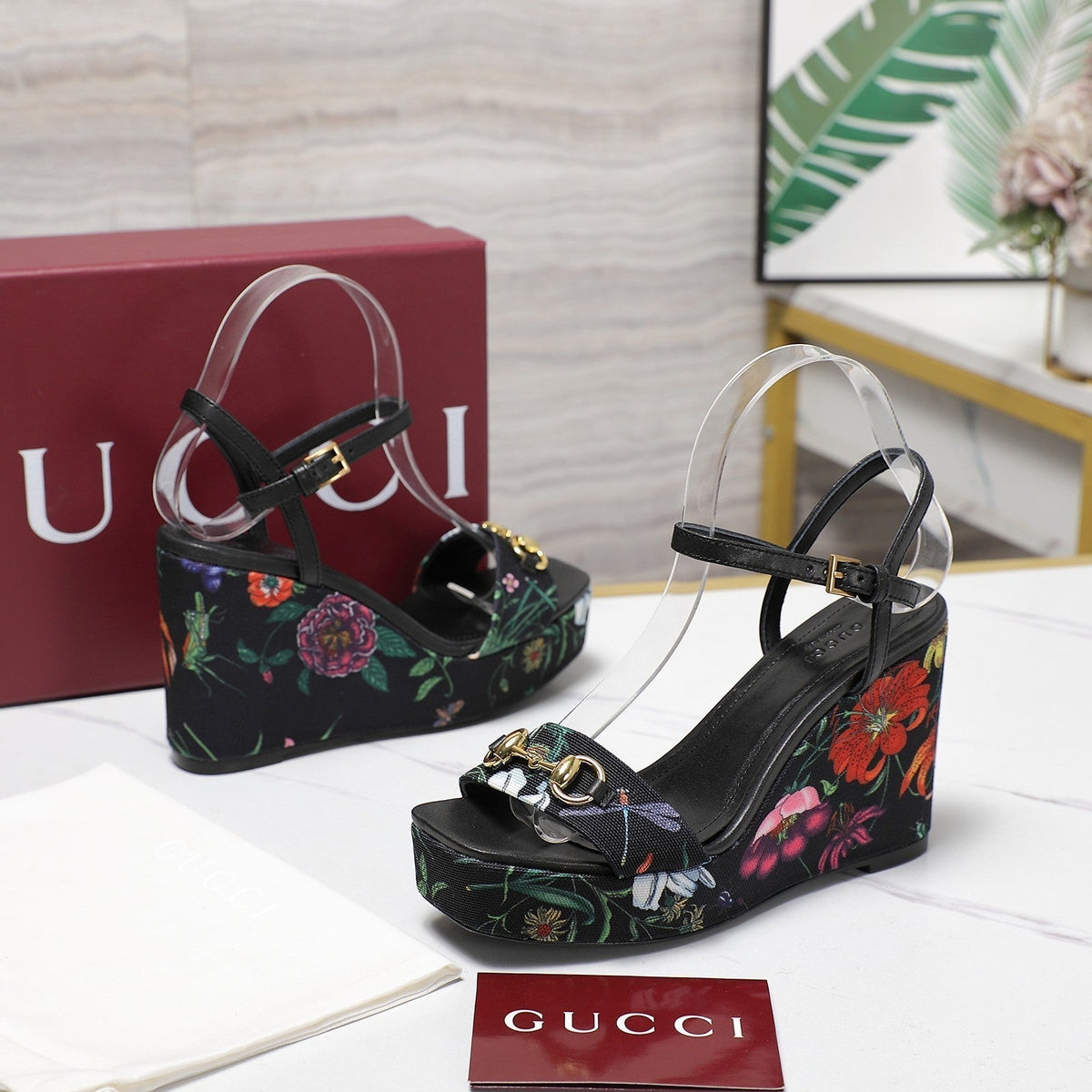 GG WEDGE HEEL SANDALS 100 IN BLACK FABRIC FLORAL PRINT