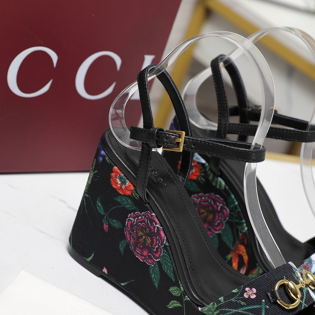 GG WEDGE HEEL SANDALS 100 IN BLACK FABRIC FLORAL PRINT