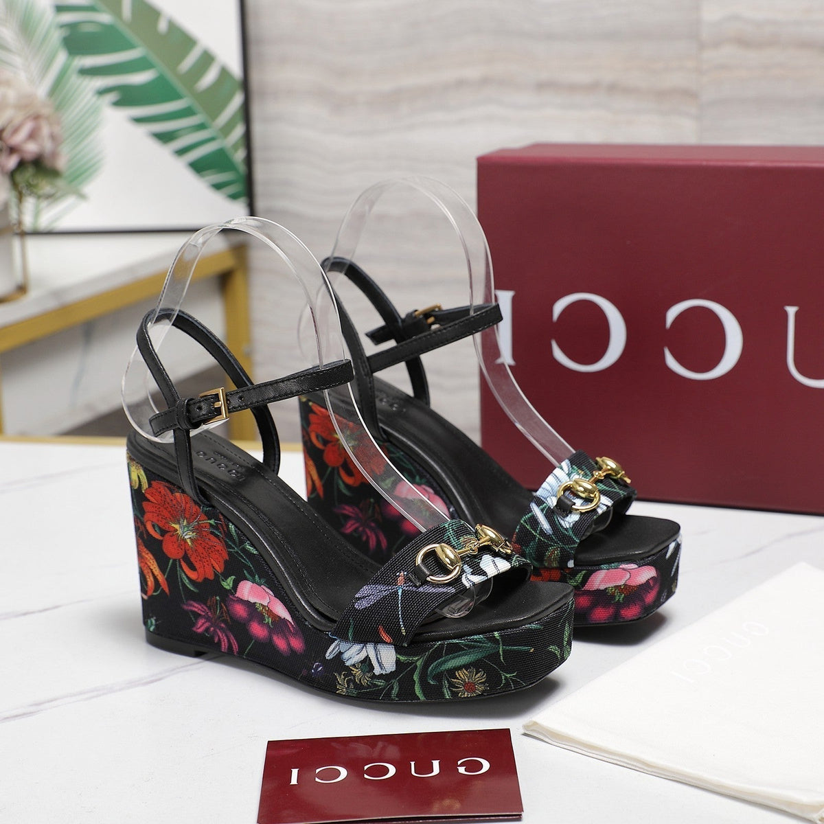GG WEDGE HEEL SANDALS 100 IN BLACK FABRIC FLORAL PRINT
