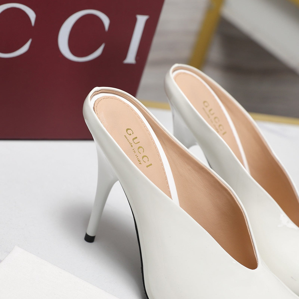 GG HEELED MULES 105 IN WHITE CALFSKIN