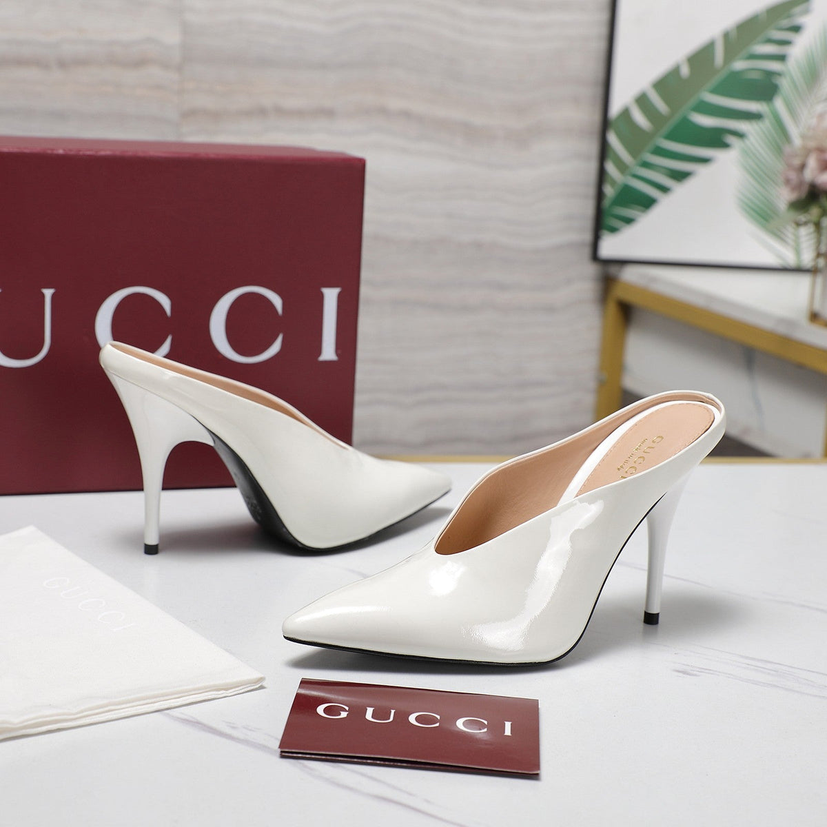 GG HEELED MULES 105 IN WHITE CALFSKIN